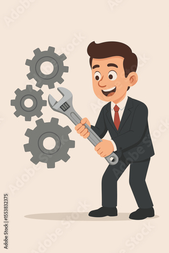 Businessman with wrench fixing gear mechanism. Technical support and maintenance concept illustration. Cartoon character manager adjusting cogs. Problem solving and business improvement.