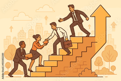 Teamwork and collaboration concept. Business people building stairs to success. Career ladder, corporate growth, and partnership metaphor. Reaching goals together with support and strategy.