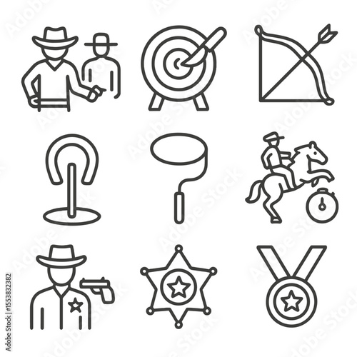 Cowboy Competition Icons. Outline style icons of Cowboy Competitions: quickdraw duel pose, knife throwing target, archery icon,