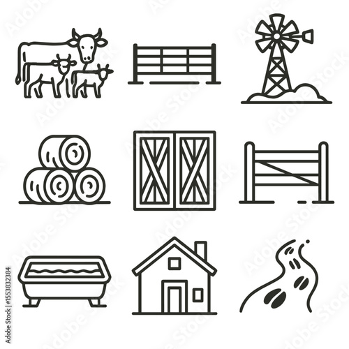 Ranch Life Icons. Outline style icons of Ranch Life: cattle herd, open corral, windmill on field, hay bale stack, barn door, fence
