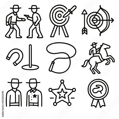 Cowboy Competition Icons. Outline style icons of Cowboy Competitions: quickdraw duel pose, knife throwing target, archery icon,