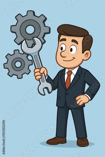 Businessman technical support fixing gears with wrench, vector cartoon illustration of engineer repairing machinery, mechanical maintenance, industrial service concept