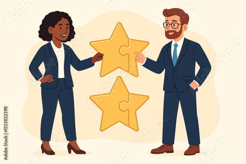 Business Teamwork for Success, Collaboration and Partnership Connecting Golden Star Puzzle Pieces, Mentorship and Goal Achievement Concept, Corporate Strategy and Unity Vector Illustration