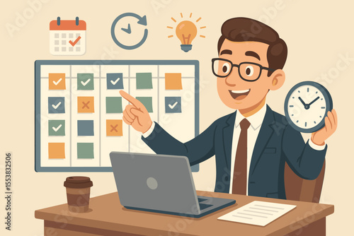 Time management concept with a businessman at his desk organizing tasks on a schedule planner. Business productivity, project planning, deadline and efficiency metaphor. Vector illustration.