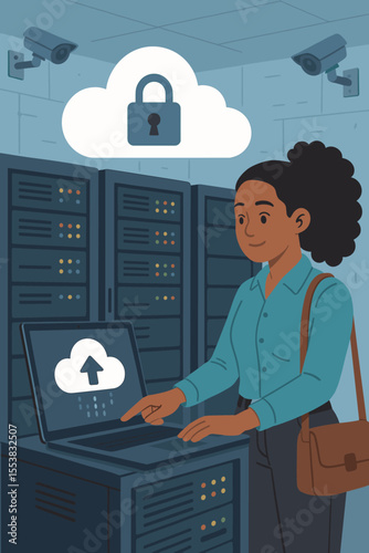 Woman IT professional in data center uploading files to secure cloud storage. Concept of cloud computing, data backup, and business cybersecurity protection. Server room vector illustration.