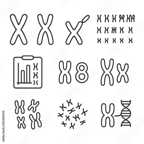Chromosome Iconography. Outline style icons of Chromosomes: X and Y chromosome, chromosome with gene tags, karyotype icon,