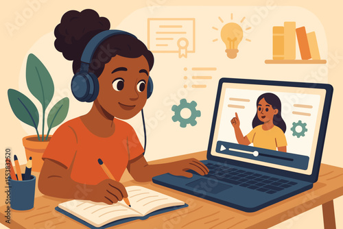 Online education and e-learning concept. Young Black student watching video tutorial on laptop. Woman at home studying for skill development, taking notes during webinar lesson.