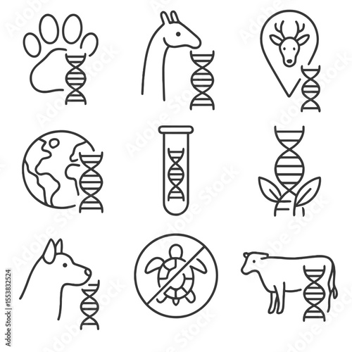 Animal DNA Icons. Outline style icons of Animal DNA: paw with helix, zoo genome icon, wildlife tracking gene, species DNA map,