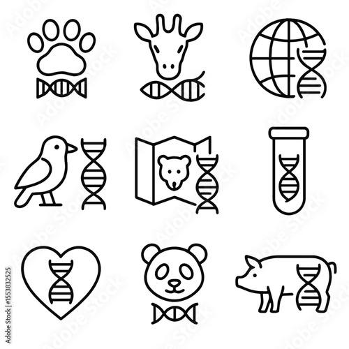 Animal DNA Icons. Outline style icons of Animal DNA: paw with helix, zoo genome icon, wildlife tracking gene, species DNA map,