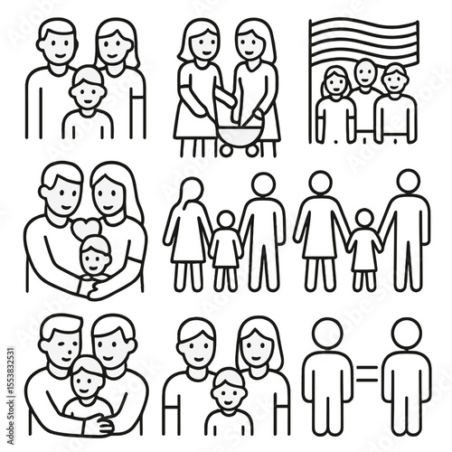 Inclusive Family Icons. Outline style icons of Same-Sex Parents: two fathers with child, two mothers with stroller, rainbow family