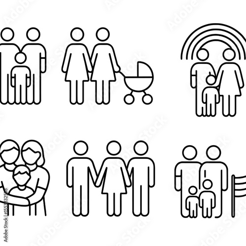Inclusive Family Icons. Outline style icons of Same-Sex Parents: two fathers with child, two mothers with stroller, rainbow family
