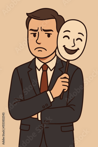 Unhappy businessman holding a happy face mask. Metaphor for hiding emotions, depression, burnout, and mental health. Concept of hypocrisy, fake feelings, and duality in business.