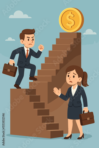 Workplace inequality concept with business man climbing stairs to money symbol while woman faces barrier, gender gap, career ladder, unequal opportunity, business challenge