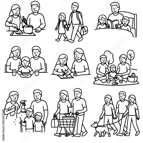 Family Daily Life Icons. Outline style icons of Family in Daily Life: family cooking, walking to school, bedtime story, family