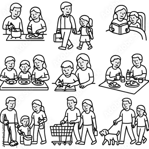 Family Daily Life Icons. Outline style icons of Family in Daily Life: family cooking, walking to school, bedtime story, family