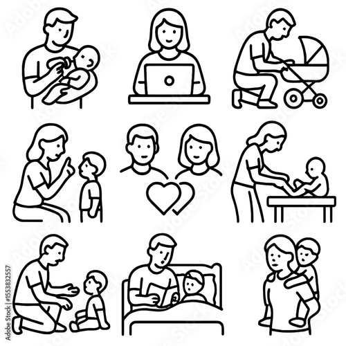 Parenting Roles Icons. Outline style icons of Parenting Roles: father feeding baby, mother working on laptop, dad fixing stroller,