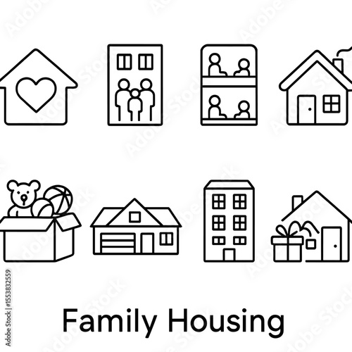 Family Housing Icons. Outline style icons of Family Housing: home icon with heart, family in apartment, shared room, cozy family