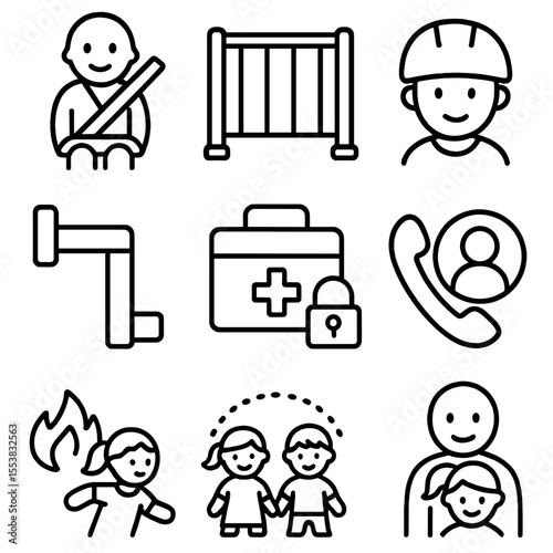 Family Safety Icons. Outline style icons of Family Safety: seatbelt with child, baby gate, safety helmet for kids, home
