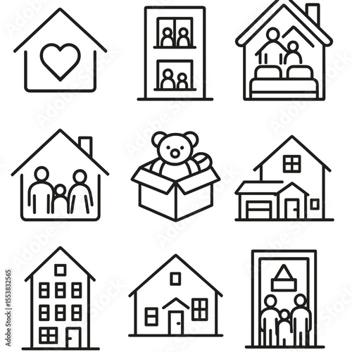 Family Housing Icons. Outline style icons of Family Housing: home icon with heart, family in apartment, shared room, cozy family