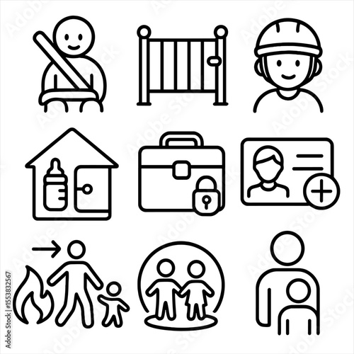 Family Safety Icons. Outline style icons of Family Safety: seatbelt with child, baby gate, safety helmet for kids, home