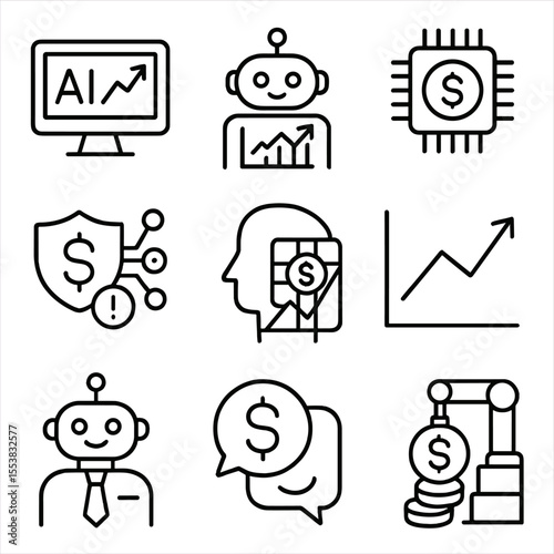 Intelligent Finance Icons. Outline style icons of Intelligence in Finance: AI stock prediction, automated trading bot, credit