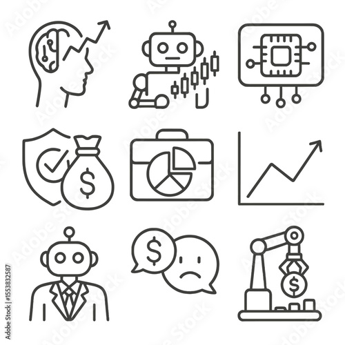 Intelligent Finance Icons. Outline style icons of Intelligence in Finance: AI stock prediction, automated trading bot, credit