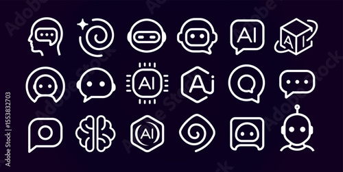 AI chatbot icon set with brain, robot, chip, speech, circuit, assistant symbols. Outline linear design for smart tech, neural networks, UI, machine learning, futuristic apps. Vector illustration.