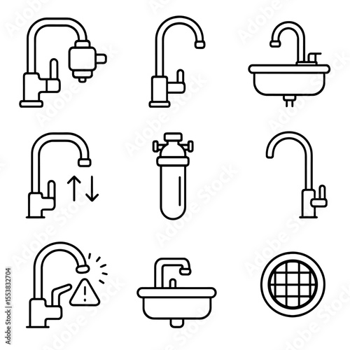 Faucet and Sink Icons. Outline style icons of Faucet and Sink Systems: kitchen faucet with filter, clean water tap, sink mount