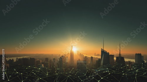 Smart city with connection network reciprocity over the cityscape social media networking systems that connects on the peak of success amid tall, innovative Smart city and graphs with statistics to a