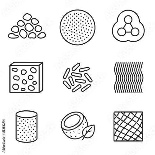 Filtration Media Icons. Outline style icons of Filtration Media Types: activated carbon granules, ceramic filter disc,