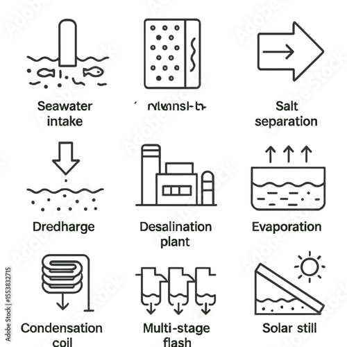 Desalination Process Icons. Outline style icons of Desalination Processes: seawater intake, reverse osmosis membrane, salt