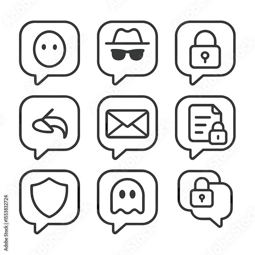 Secure Chat Icons. Outline style icons of Anonymous and Private Chats: anonymous bubble, incognito chat icon, locked chat icon,
