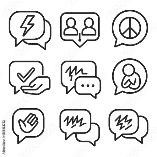 Conflict Resolution Icons. Outline style icons of Conflict and Resolution Chats: argument bubble, debate icon, peace message,