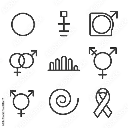 Gender Inclusivity Icons. Outline style icons of Gender Inclusivity: gender-neutral dot, nonbinary vertical line, agender square