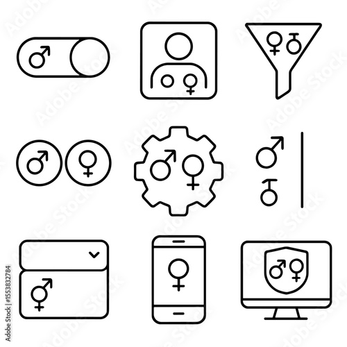 Gender Interface Icons. Outline style icons of Modern Flat Interface Gender Icons: UI toggle with male/female, profile selector
