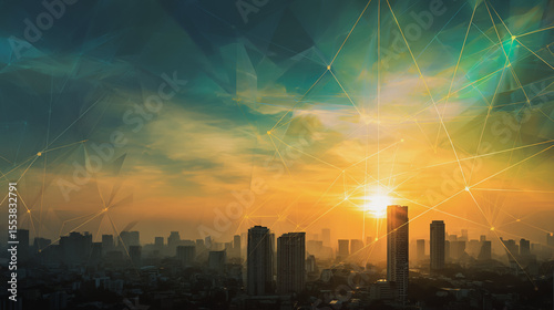 Smart city with connection network reciprocity over the cityscape social media networking systems that connects on the peak of success amid tall, innovative Smart city and graphs with statistics to a