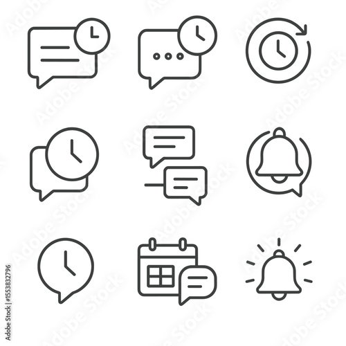 Time-Based Messaging Icons. Outline style icons of Time-Based Messaging: scheduled message icon, delayed chat, recurring reply