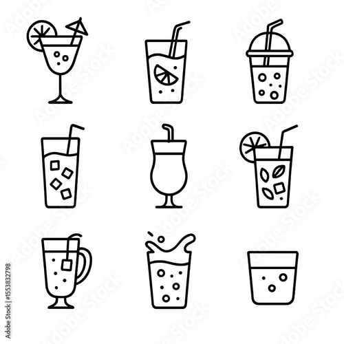 Non-Alcoholic Cocktail Icons. Outline style icons of Non-Alcoholic Cocktail Glasses: mocktail glass, lemonade glass, fruit punch