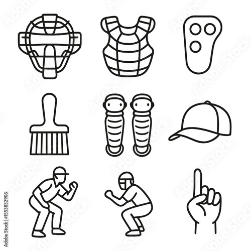 Umpire Gear Icons. Outline style icons of Umpire Gear: umpire mask, chest pad, ball-strike counter, indicator clicker, plate brush