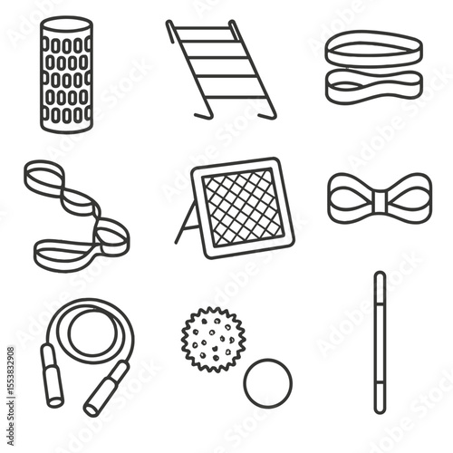 Pre-Game Warmup Icons. Outline style icons of Pre-Game Warmup Gear: foam roller, agility ladder, band set, stretch strap, warmup