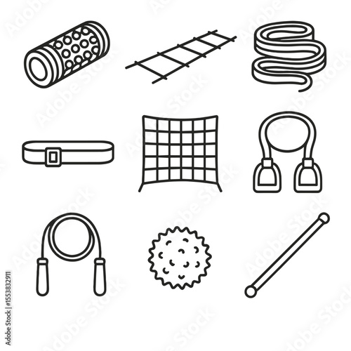 Pre-Game Warmup Icons. Outline style icons of Pre-Game Warmup Gear: foam roller, agility ladder, band set, stretch strap, warmup