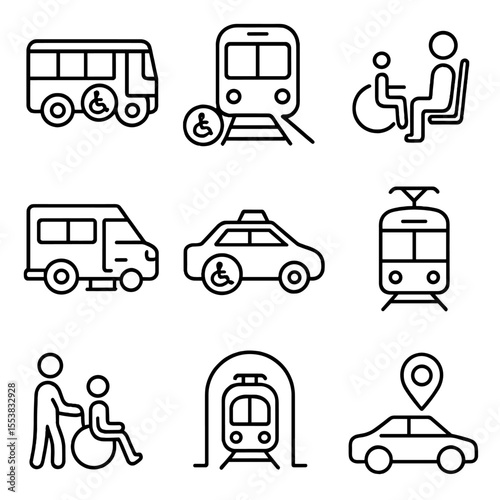 Accessible Transport Icons. Outline style icons of Accessible Transportation: accessible bus, train with ramp, priority seat, lift