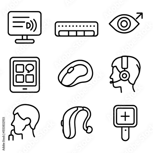 Assistive Tech Icons. Outline style icons of Assistive Technology Devices: text-to-speech tool, braille display, eye-tracking