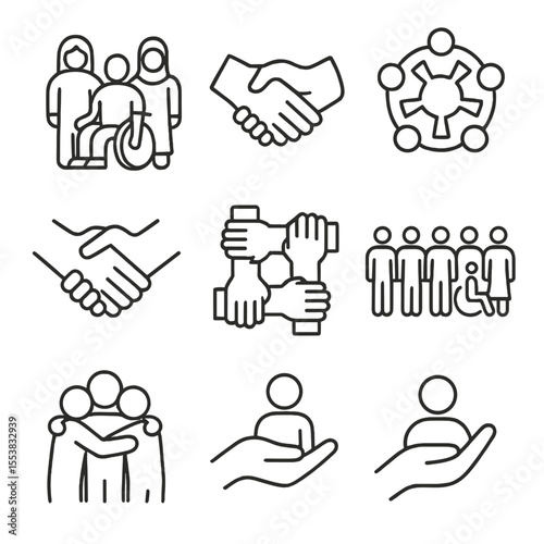 Social Inclusion Icons. Outline style icons of Social Inclusion Symbols: diverse group, mixed abilities handshake, community