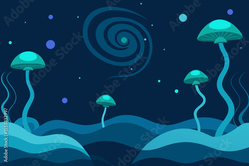 Jellyfish in the blue ocean with an umbrella-like silhouette against the light of the moon