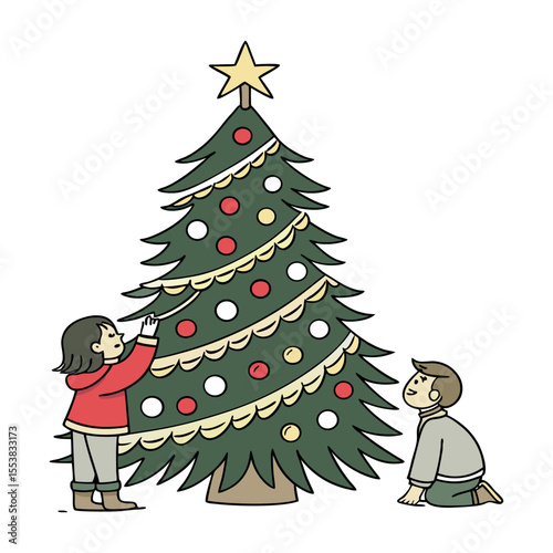 A Joyful Holiday Scene Children Decorating a Christmas Tree with Festive Ornaments and Garland in a Warm and Cozy Home