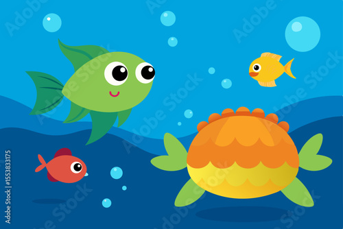 Seamless marine life illustration with cartoon baby animals, including fish, dolphins, and turtles, swimming in a vibrant tropical ocean