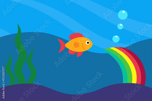 Underwater vector cartoon illustration of tropical marine animals swimming in a natural aquarium with bubbles