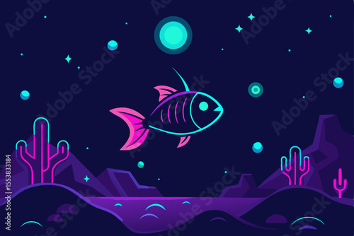 Cosmic Desert Fish Neon Dreamscape Illustration