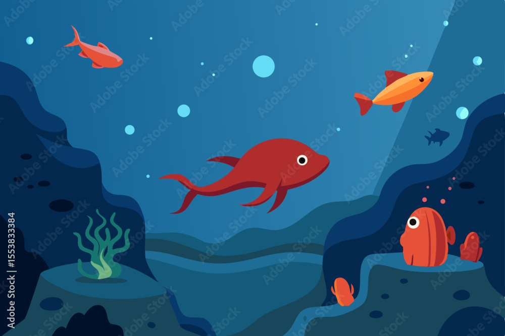 Naklejka premium Cute cartoon marine animals including fish, shark, and octopus in a seamless underwater ocean pattern illustration